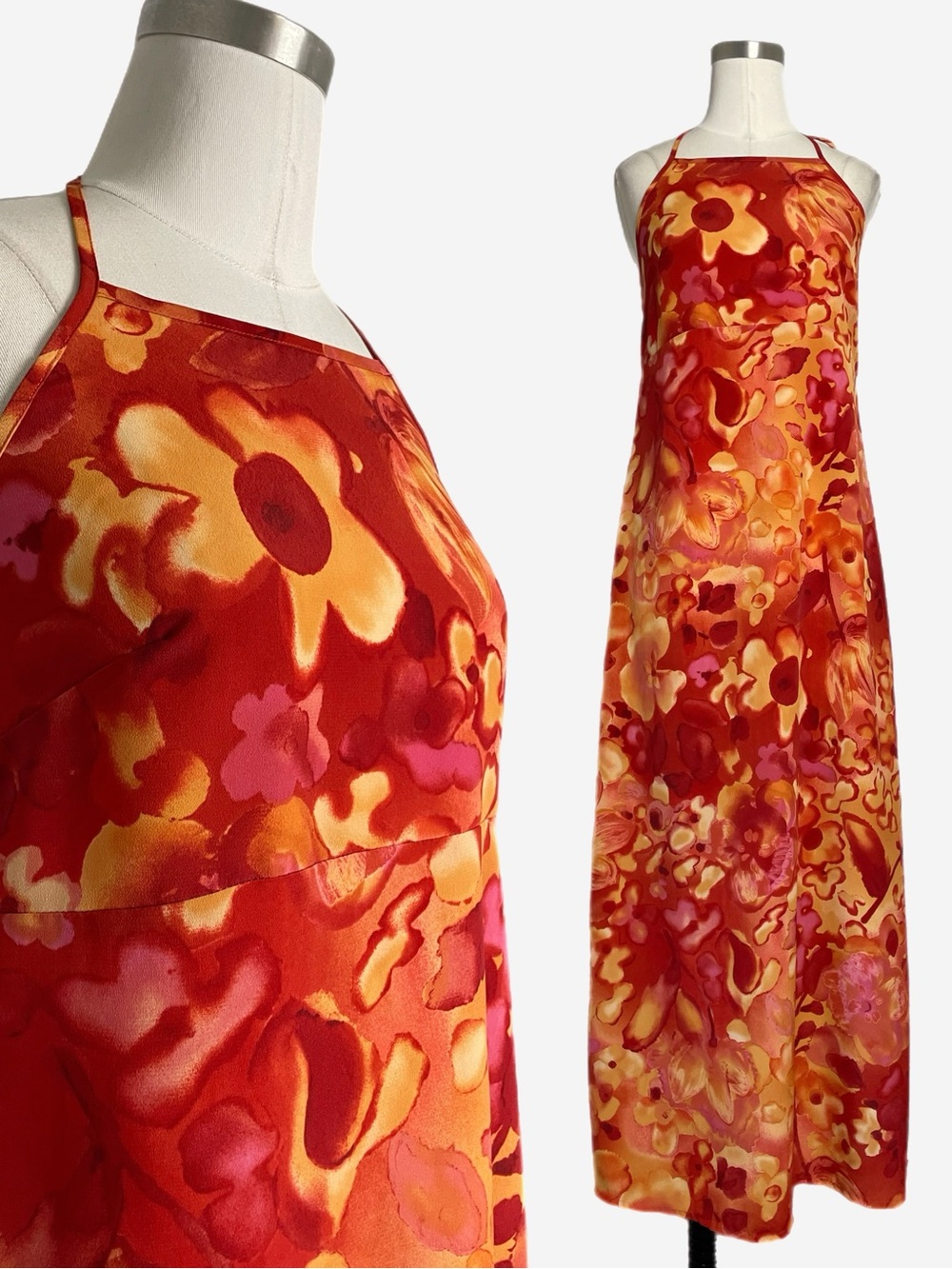 Vintage Y2K Possessed red orange floral watercolor halter tie midi dress S/M